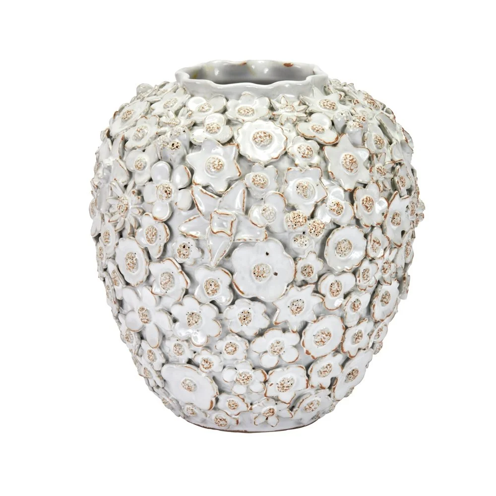 White Floral Textured Coastal Ceramic Vase