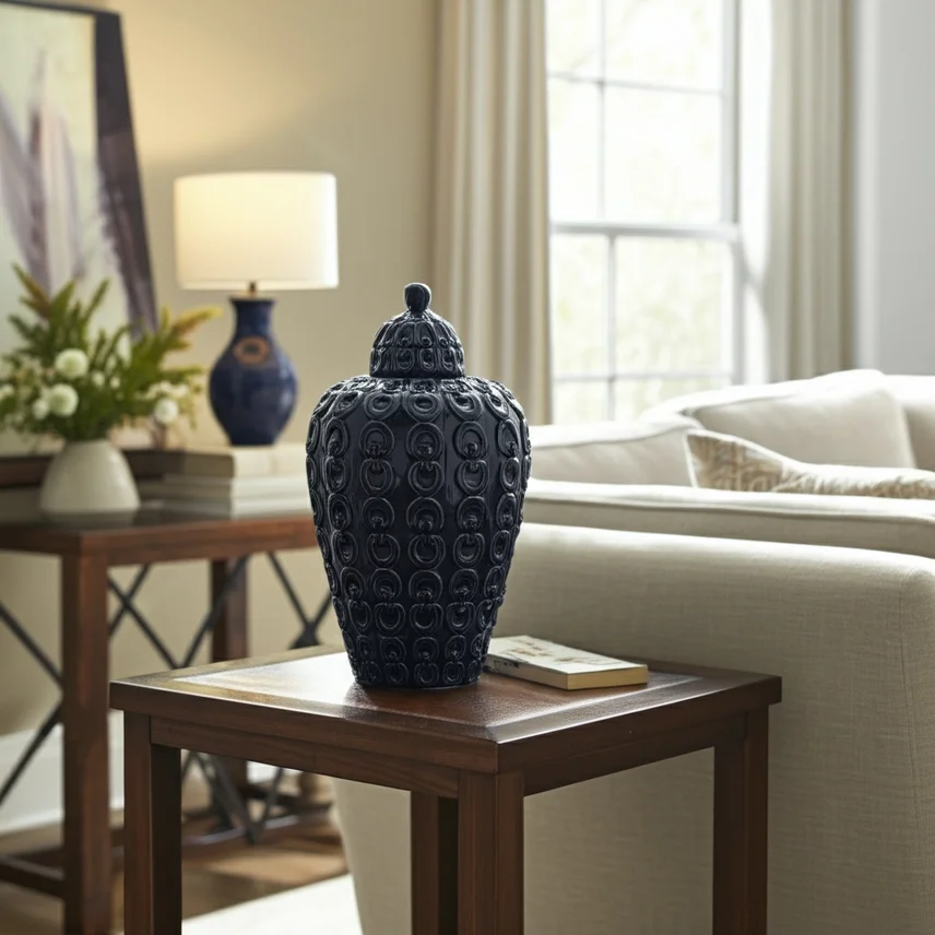 Decorative black ceramic vase with a lid on a wooden side table in a living room, with a white sofa, a window, a table lamp, and a vase with flowers in the background.