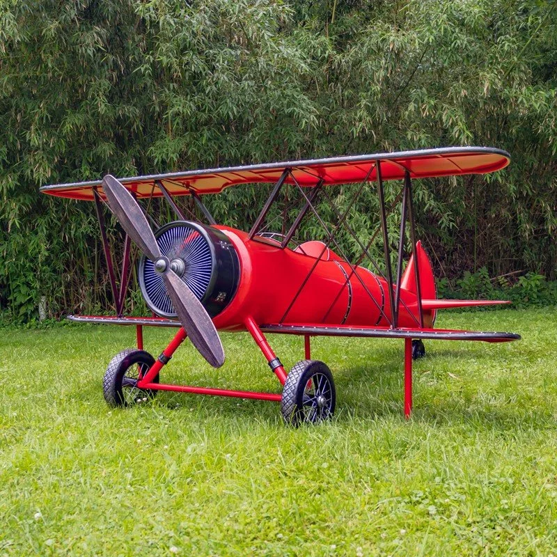 Vintage Aviator Metal Bi-Plane Display with Seating & LED Lighting