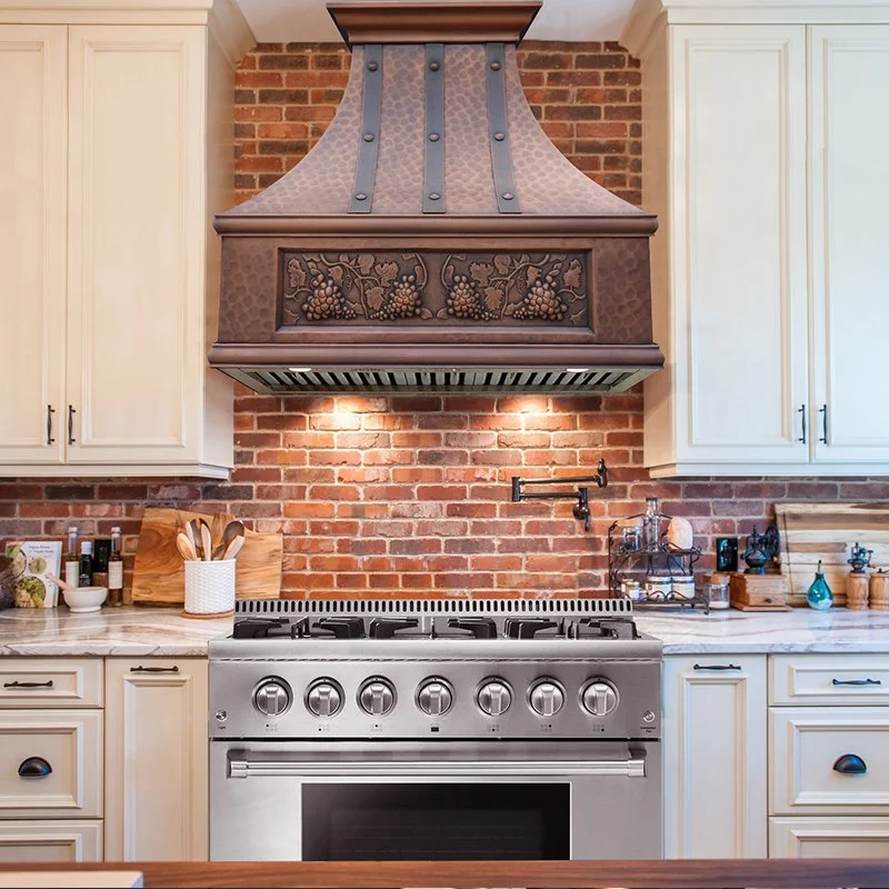 Tuscan-Inspired Hand-Hammered Copper Range Hood – Vintage Farmhouse Kitchen Accent