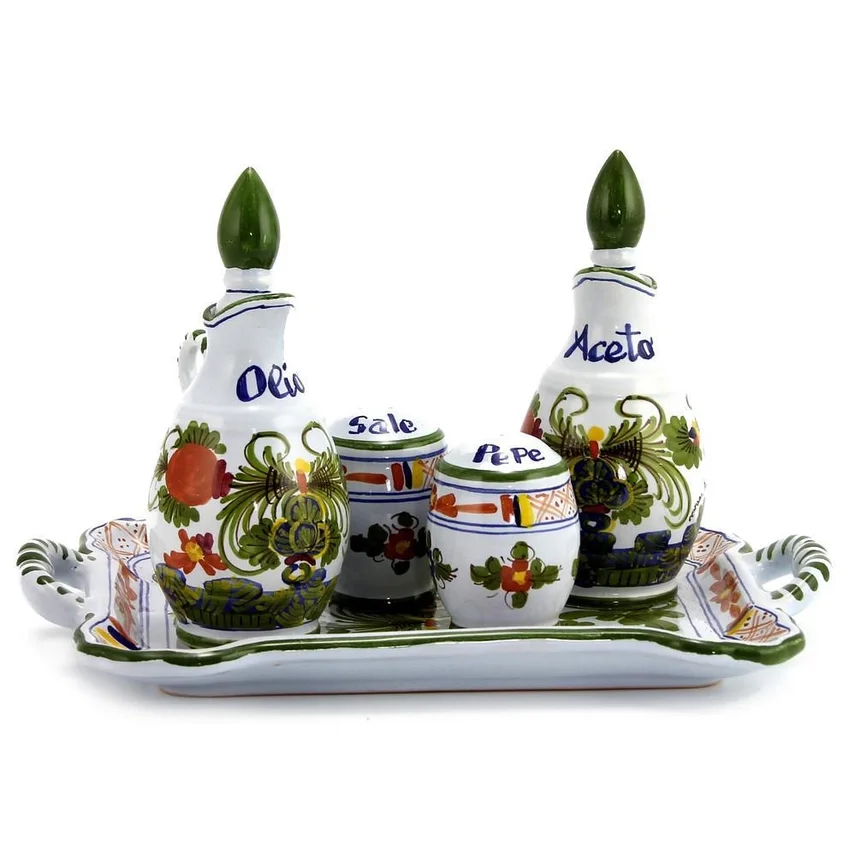 Decorative ceramic tray holding four small containers with green tops, labeled 'Oil,' 'Sale,' 'Pep,' and 'Aceto,' designed with colorful floral patterns.