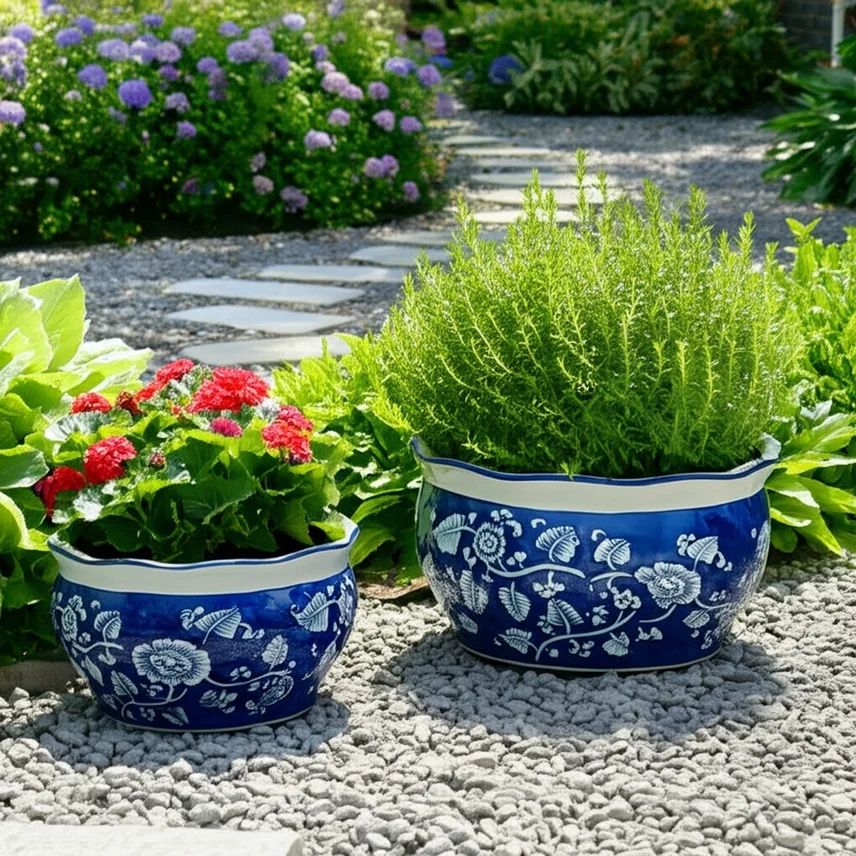 Two blue ceramic pots with white floral designs holding green plants, placed on gravel in a garden with purple and pink flowers, a stone pathway, and lush greenery in the background.