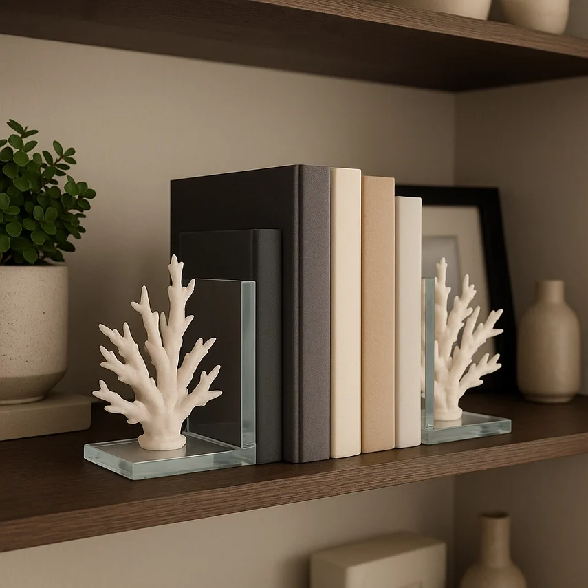 White Resin Coral Bookends on Glass Base – Set of 2 (7")