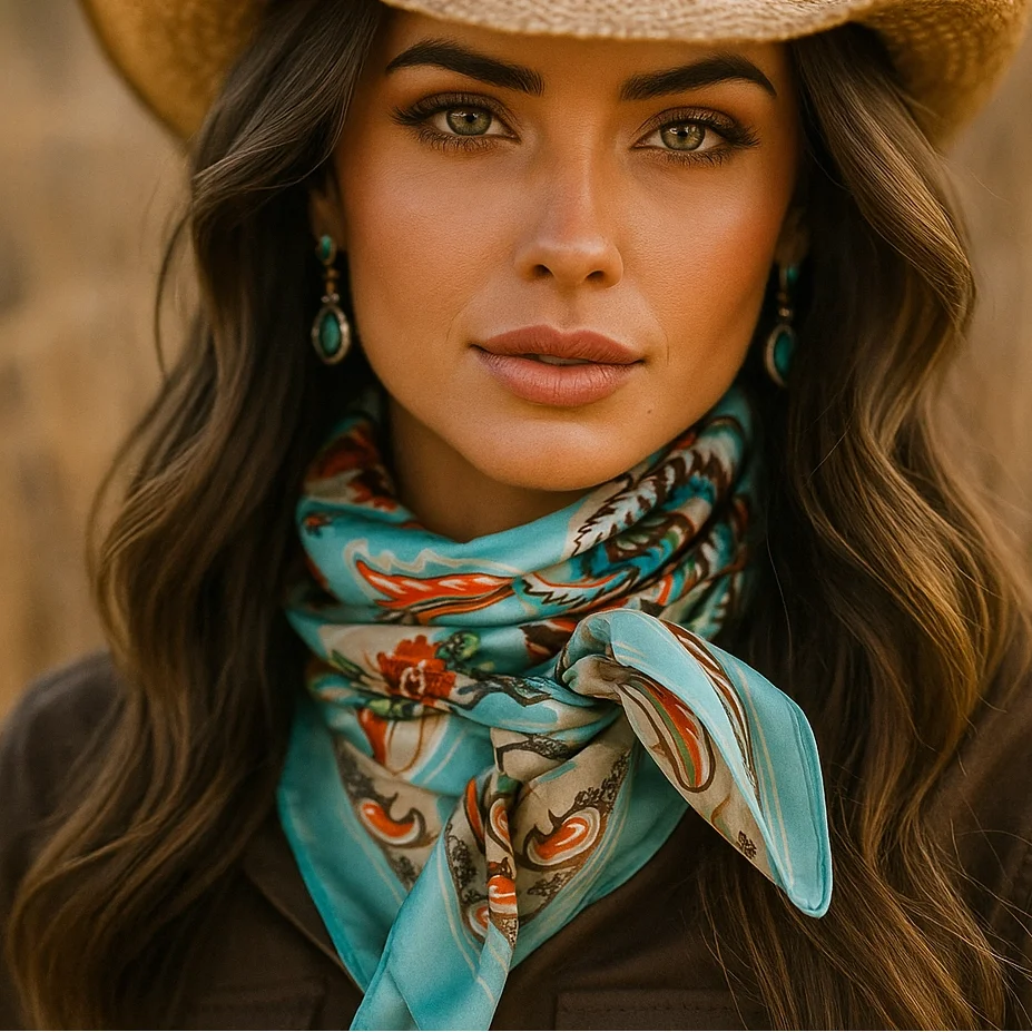 A woman with long wavy brown hair, wearing a large straw hat, turquoise earrings, a patterned turquoise scarf, and a dark brown jacket.