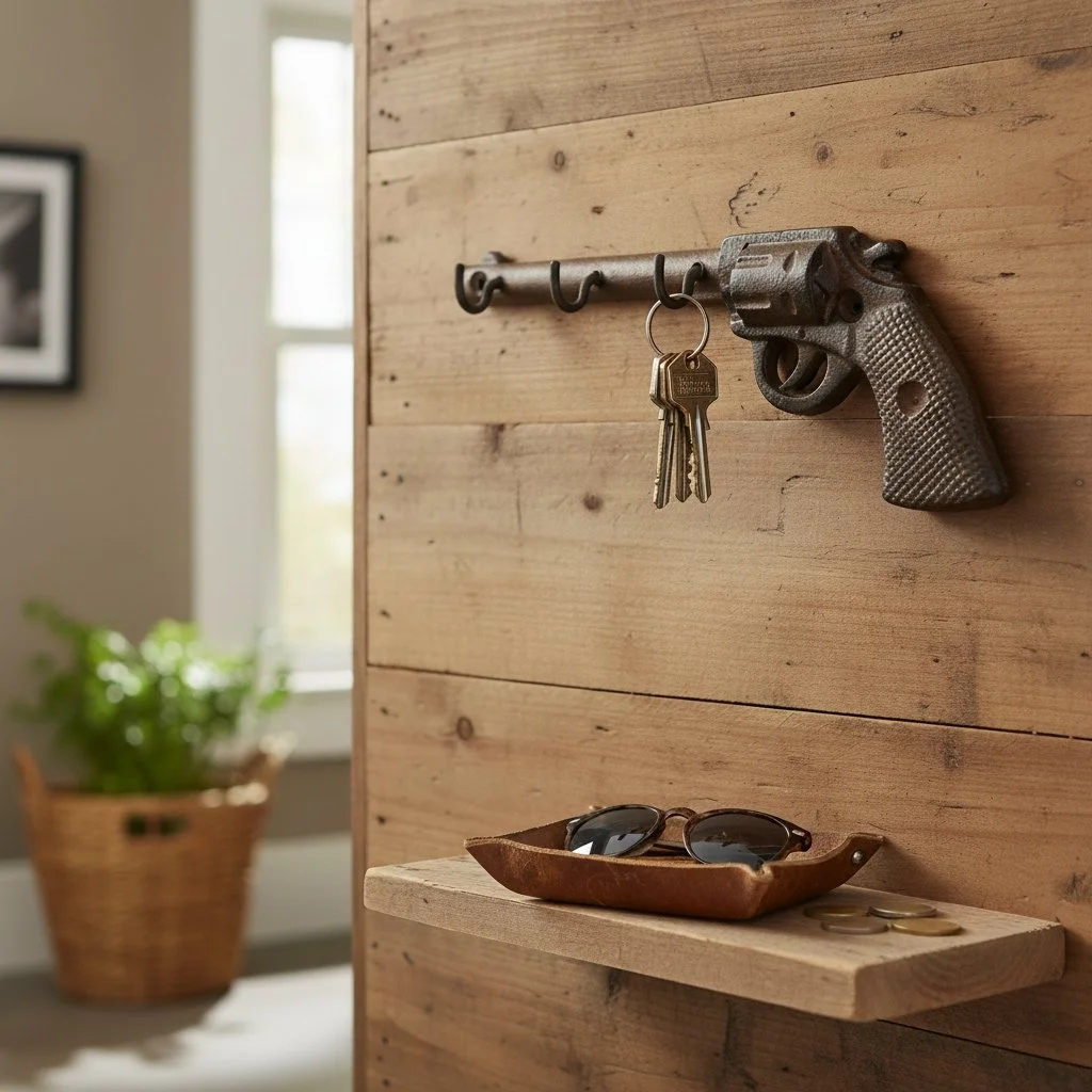 A wall-mounted key holder in the shape of a revolver gun, with keys hanging from the barrel. A wooden shelf below holds sunglasses and some coins. The background shows a blurred window and houseplant.