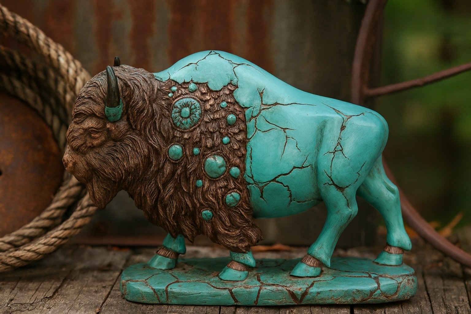 A sculpture of a bison with a turquoise body and a brown head and mane, decorated with turquoise patterns resembling fossils or shells, and set on a matching turquoise base with black crackle finish, placed on weathered wooden surface with rope and r