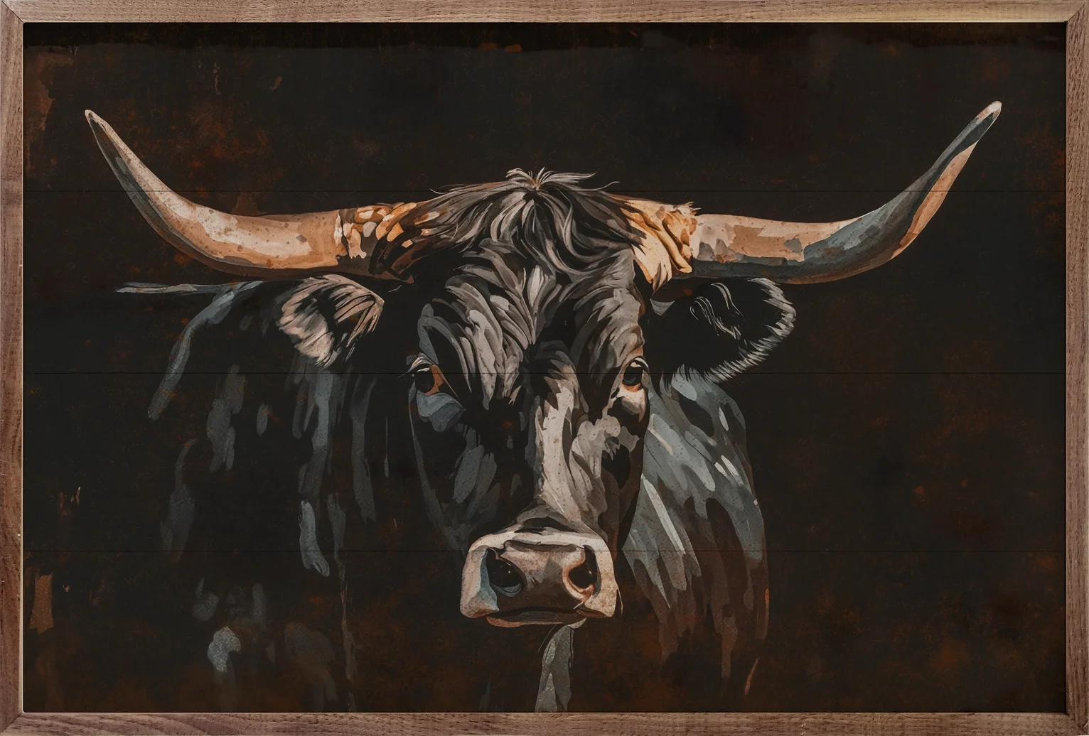 Painting of a longhorn steer with prominent horns on a dark background.