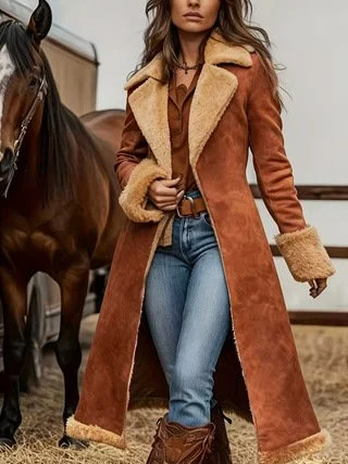 A woman in a brown long coat with shearling lining, blue jeans, and brown boots standing next to a horse.