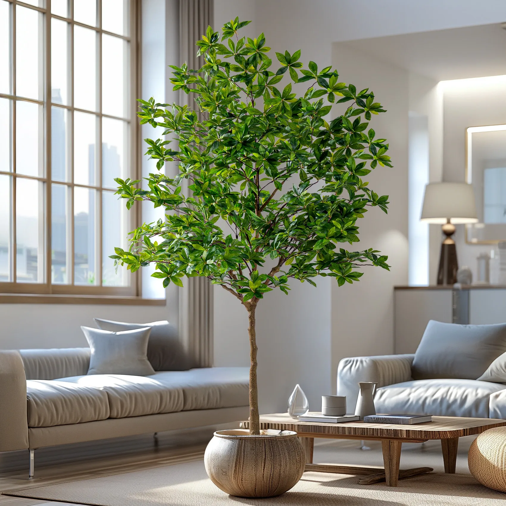 A large potted tree with green leaves inside a bright living room with sunlight coming through a large window.