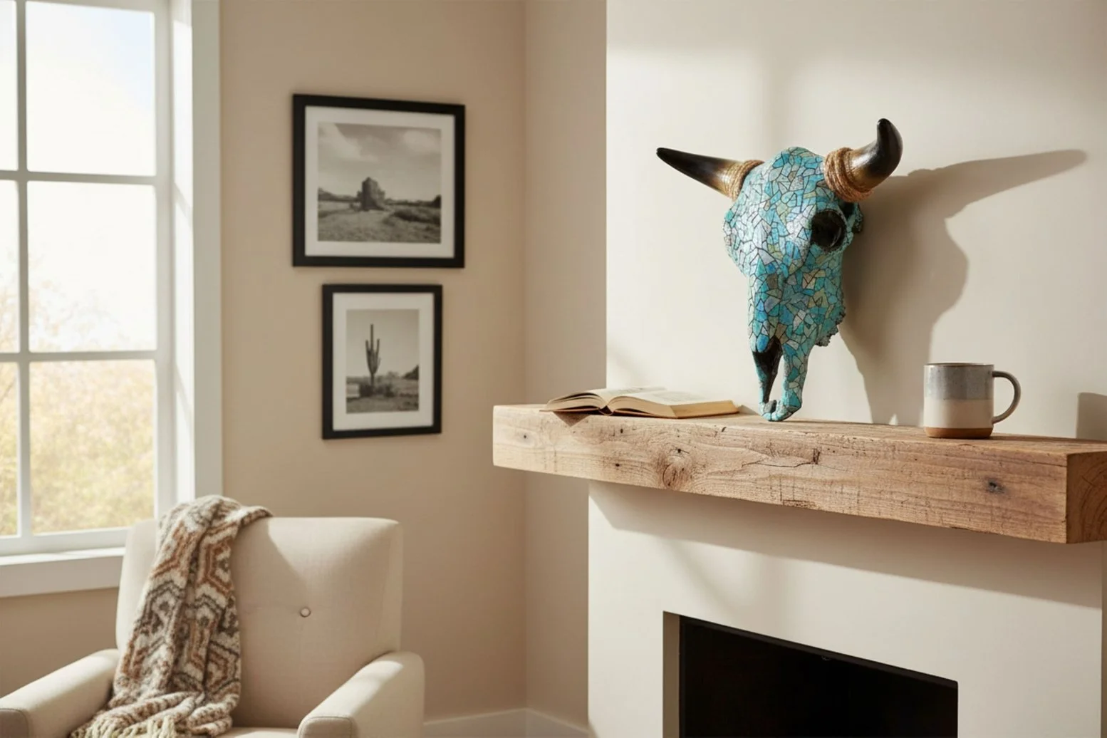 Decorative turquoise and brown mosaic cow skull with horns mounted on the wall above a wooden fireplace mantel, with a chair and blanket nearby in a cozy living room.