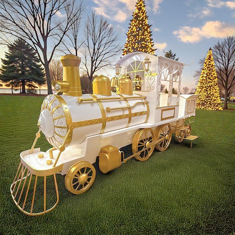Grand White & Gold Life-Size Metal Train Display with Cart