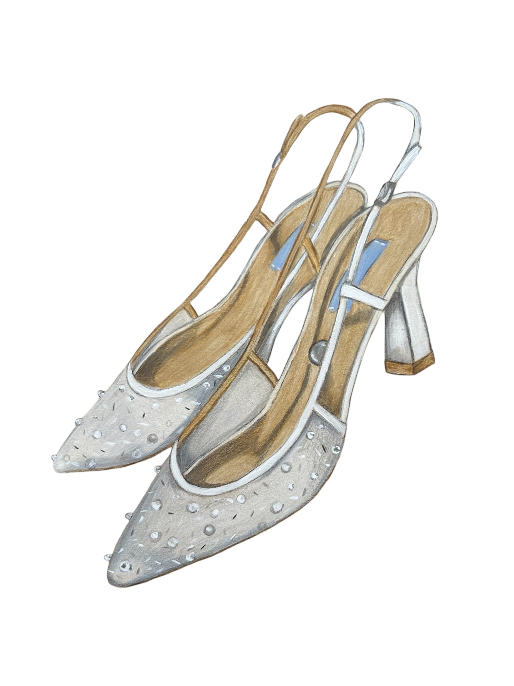 Watercolour illustration of a pair of white high-heeled shoes with embellishments and ankle straps. Charlotte Mills