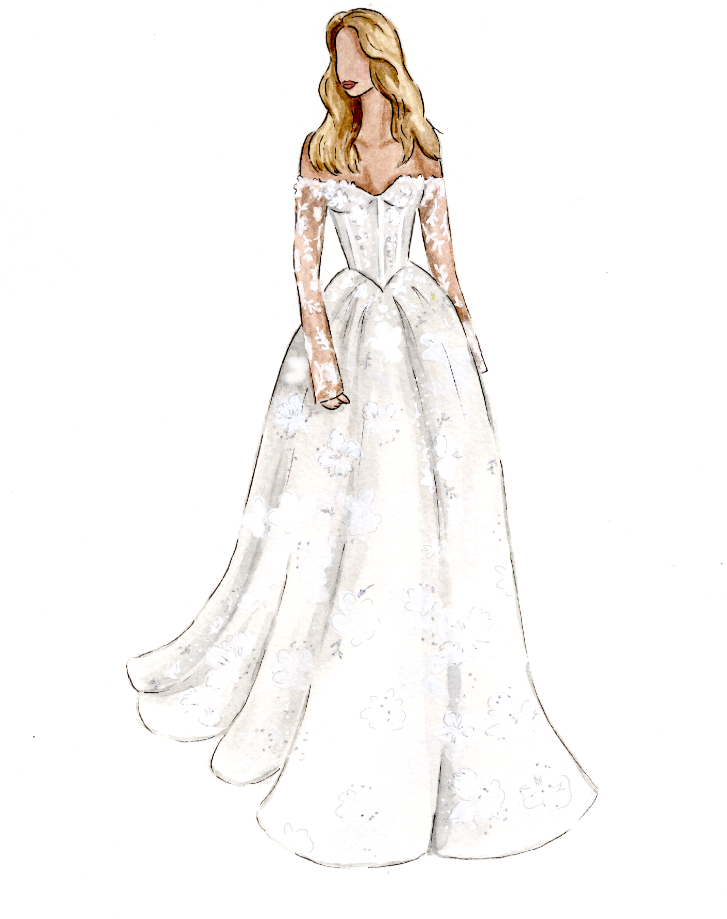 Illustration of a woman in a wedding dress with floral lace details and a full skirt.