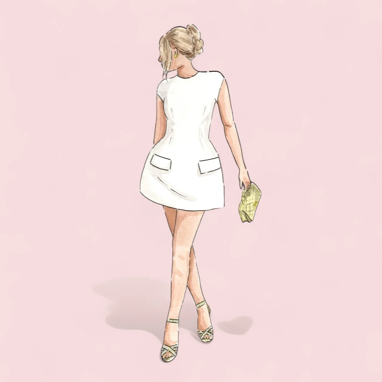 A woman in a white Odd Muse dress holding a purse standing against a light pink background.