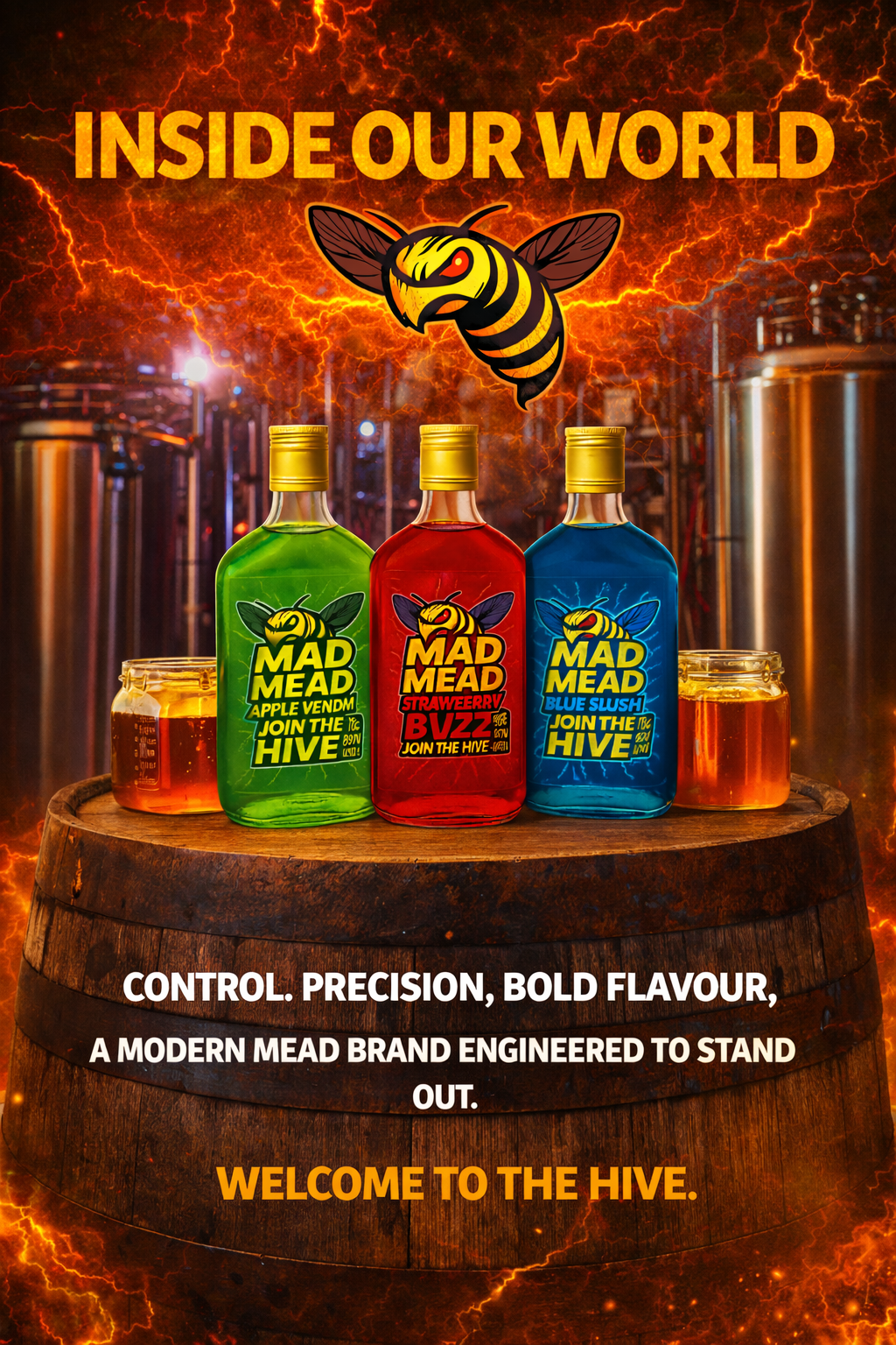Image of three bottles of Mad Mead mead with colorful labels (green, red, blue) on a wooden barrel, accompanied by honey jars, set against a fiery background with lightning, and the words 'Inside Our World' and 'Welcome to the Hive'.