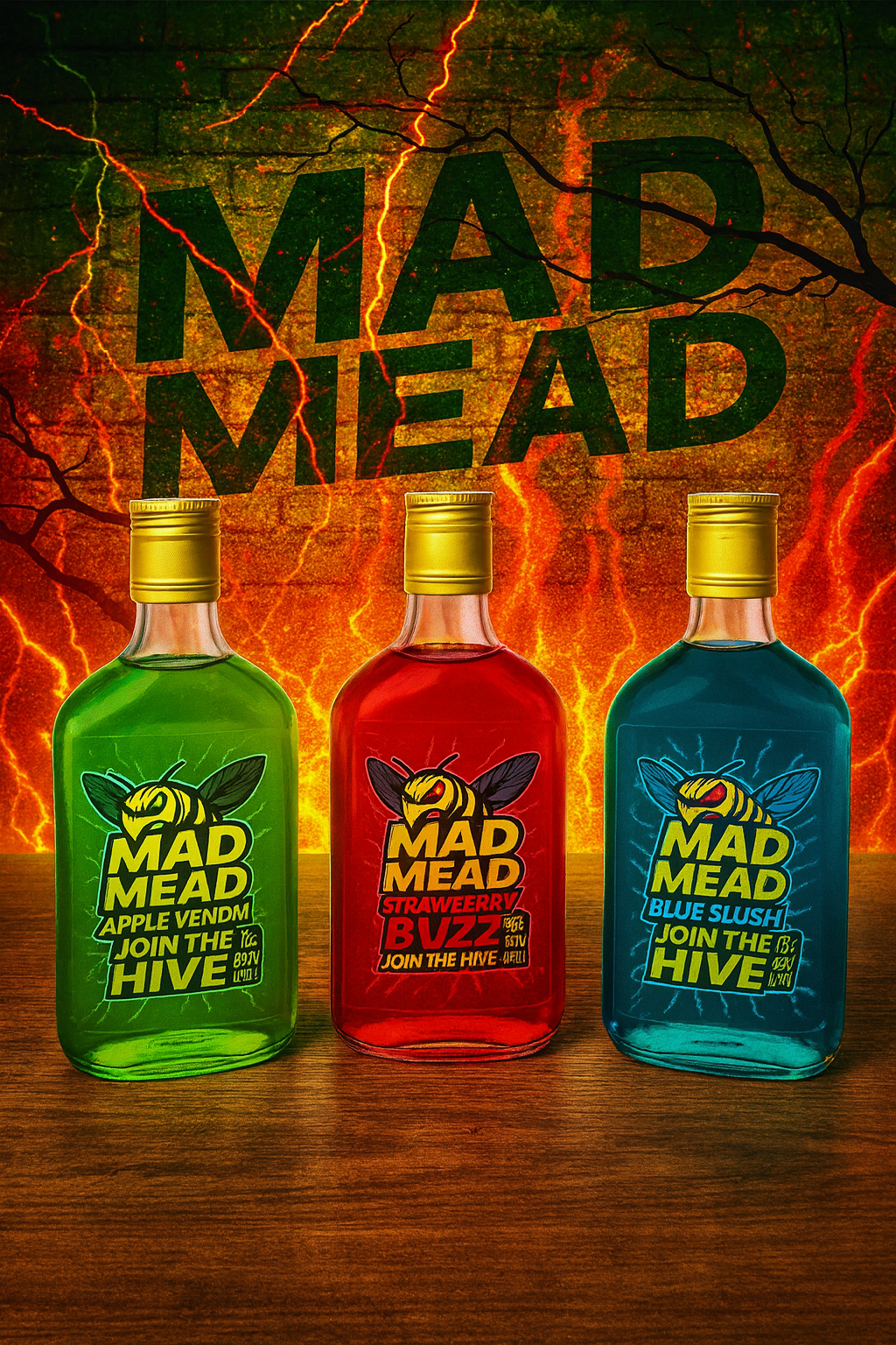 Three brightly colored bottles of Mad Mead drinks in green, red, and blue, set on a wooden surface with a fiery, cracked background and the words 'Mad Mead' in large text above.