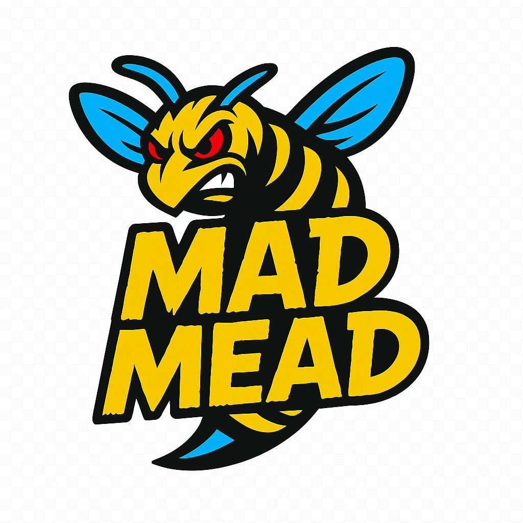 A fierce cartoon bee with red eyes, yellow and black striped body, blue wings, and an angry expression, with the words "MAD MEAD" in bold yellow letters underneath.