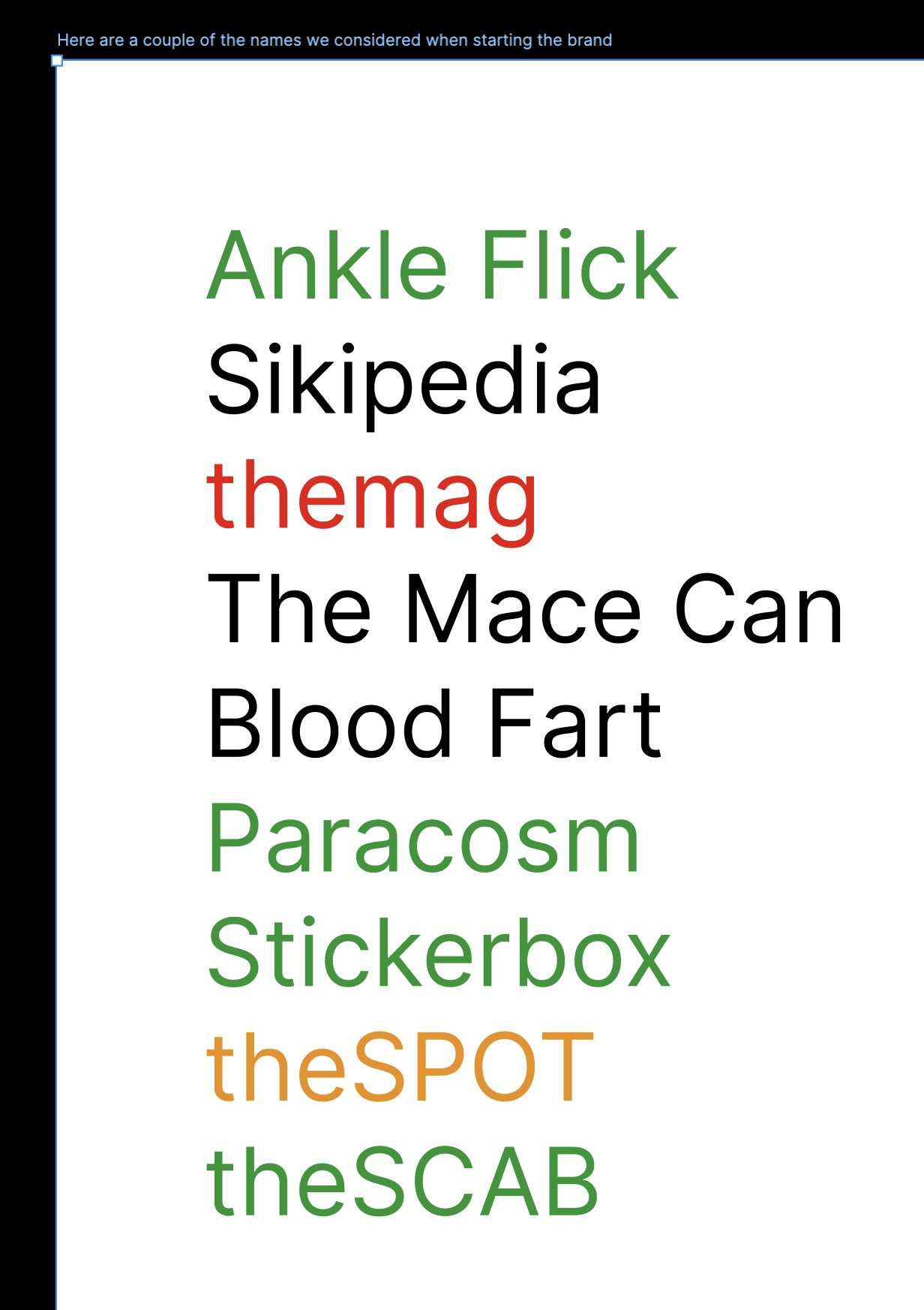 Text list with brand names and topics, including 'Ankle Flick,' 'Sikipedia,' 'themag,' 'The Mace Can,' 'Blood Fart,' 'Paracosm,' 'Stickerbox,' 'theSPOT,' and 'theSCAB', arranged vertically in different colors.