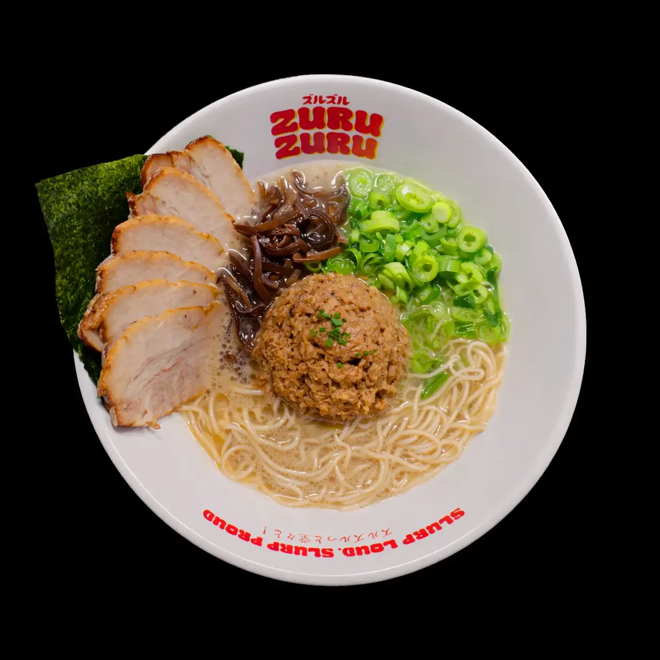 Cha-Mori, Broth : Pork and corn fed chicken broth  What’s inside : chashu pork belly,   slow-cooked pulled chashu belly  spring onions, wood ear fungus, yuzu-shoyu