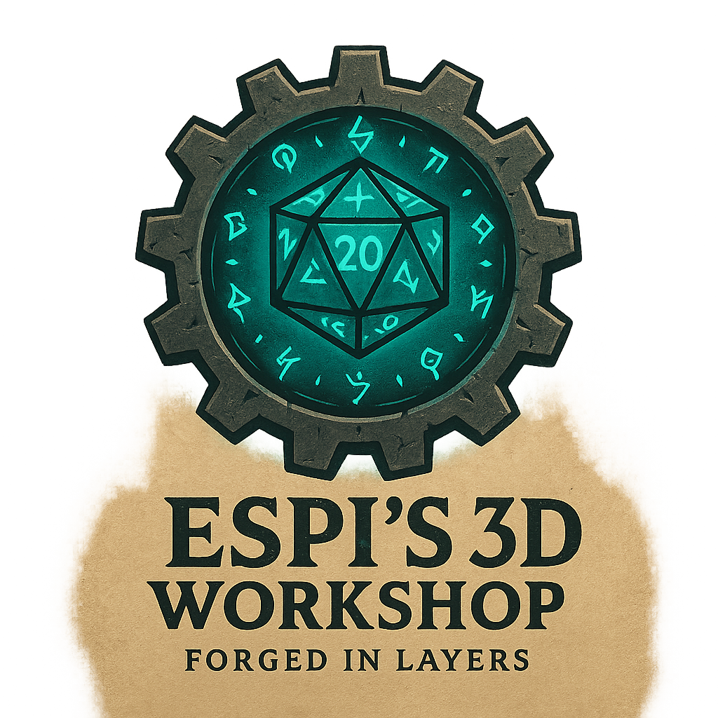 A logo for ESP's 3D Workshop featuring a glowing 20-sided die within a gear outline, with the text "ESP'S 3D Workshop" and the slogan "Forged in Layers" beneath.