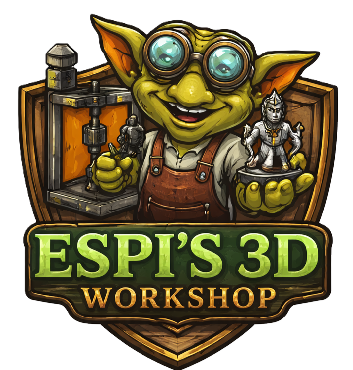 A cartoon goblin with goggles holding a 3D printed figurine, standing in front of a workshop background with a logo that says 'ESPI'S 3D WORKSHOP'.