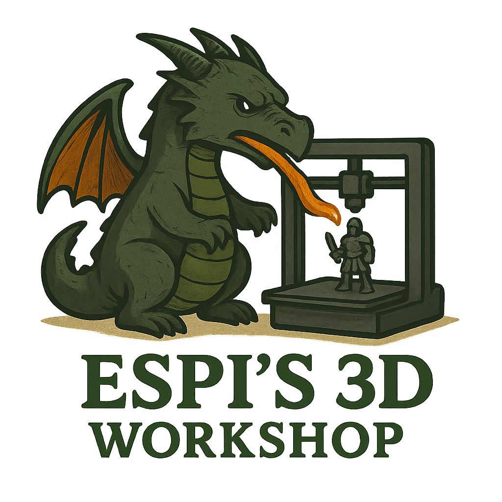 Illustration of a dragon with orange wings and green scales, breathing fire onto a 3D printer that is creating a small medieval armor figure, with text underneath that reads "ESPI'S 3D WORKSHOP."