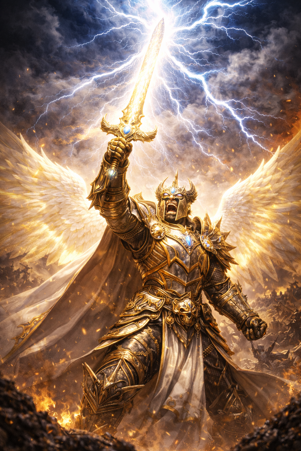 A fantasy warrior with golden armor, large wings, and a crown, holding a glowing sword raised toward a stormy sky with lightning.