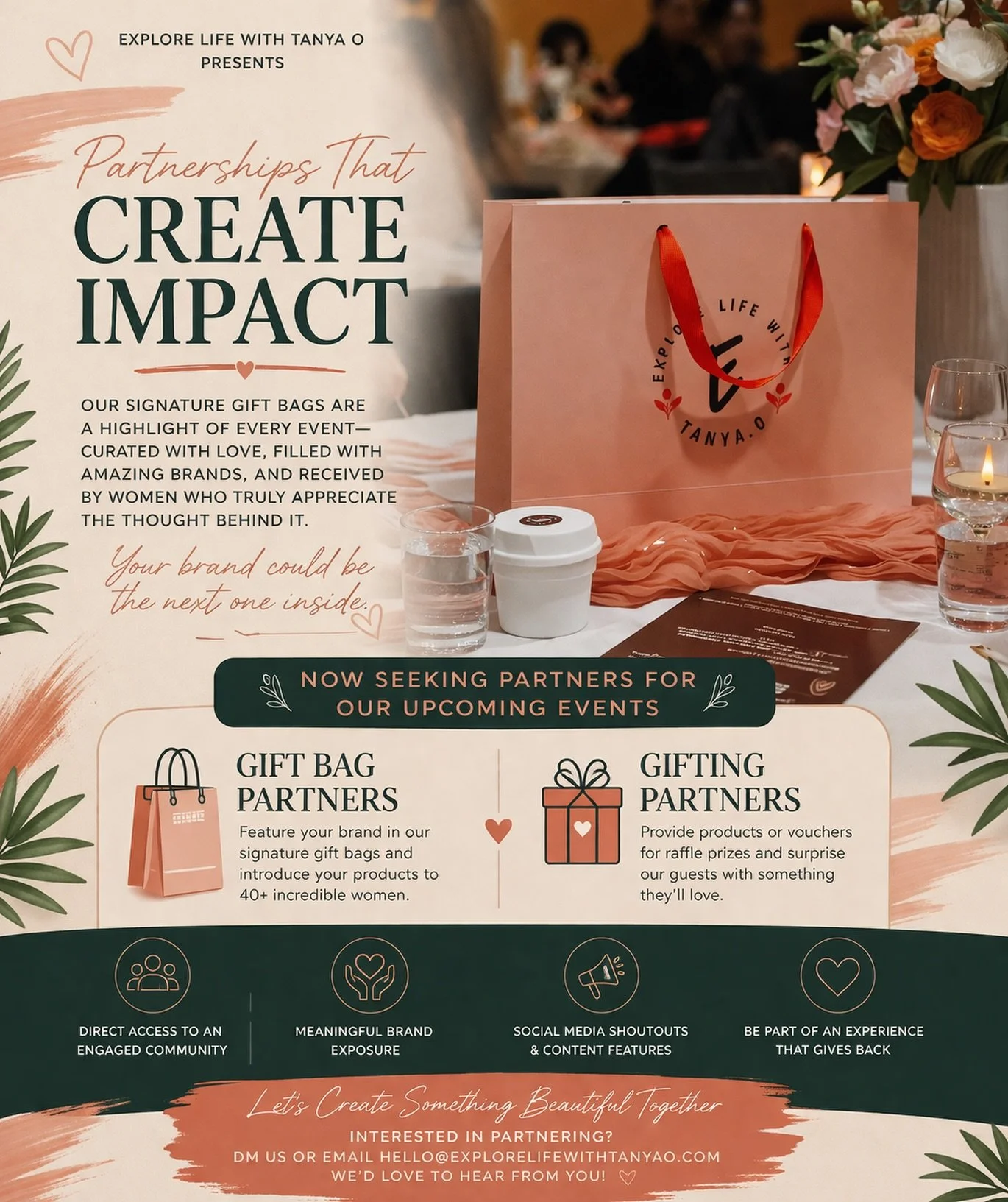Our signature gift bags are a core part of every Explore Life with Tanya O experience.

Thoughtfully curated, beautifully presented, and filled with brands our guests genuinely go on to support.

As we prepare for our upcoming summer event, we&rsquo;