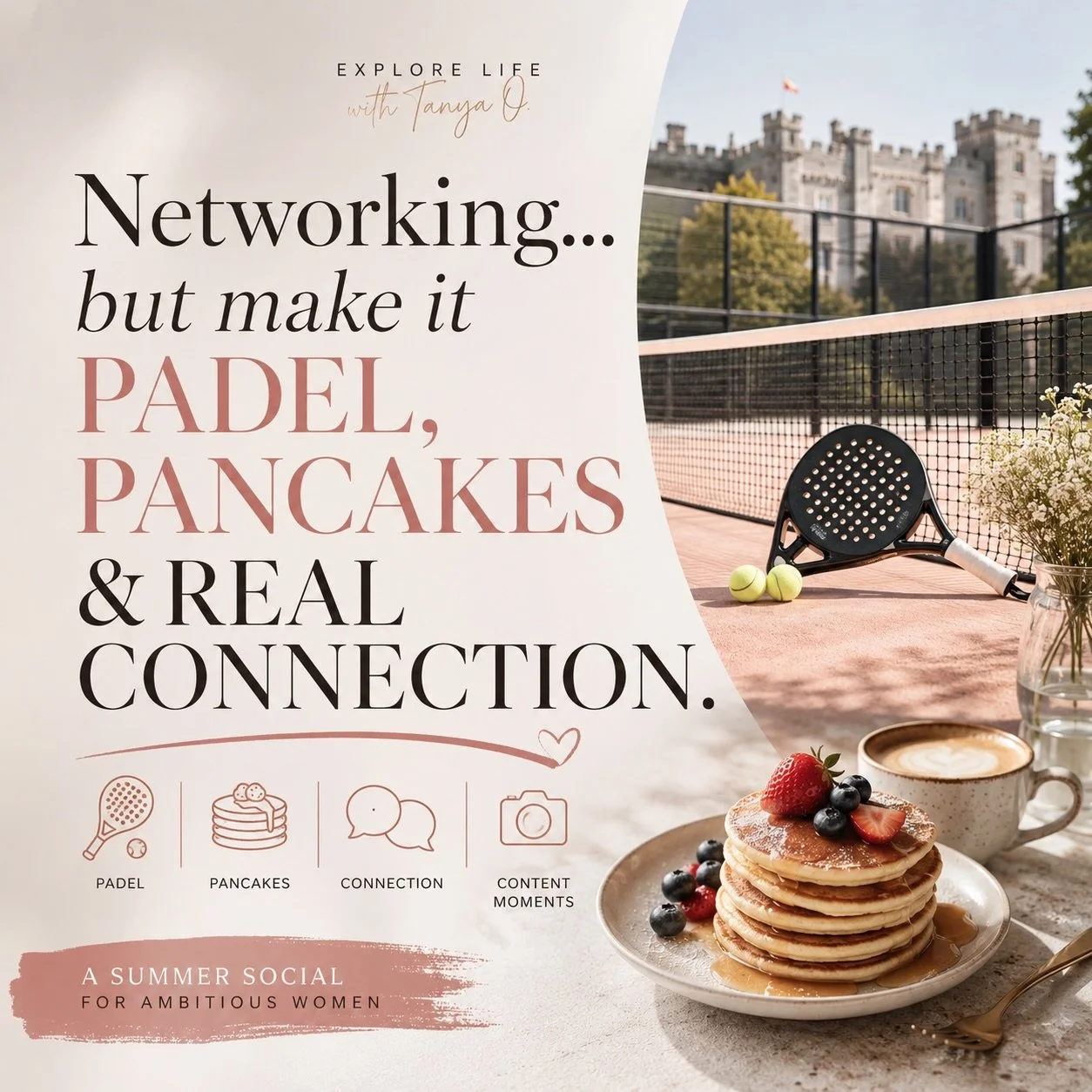 Not your typical networking event 👀

Think:

🏓 Padel
🥞 Pancakes
🍵 Matcha
💬 Conversations that go beyond &ldquo;So what do you do?&rdquo;
✨ Good energy only

Padel &amp; Pancakes is officially LIVE and I cannot wait for this one.

Whether you&rsq