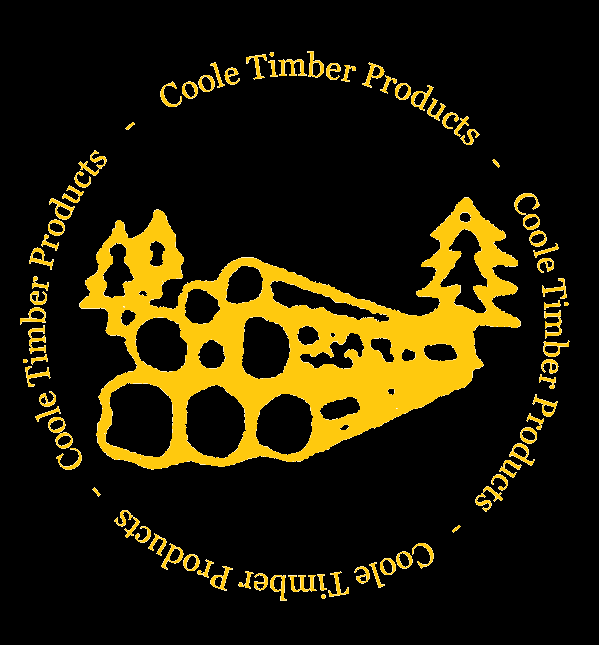 Yellow illustration of a piece of cheese with two trees behind it, encircled by the text 'Coole Timber Products' repeated twice.