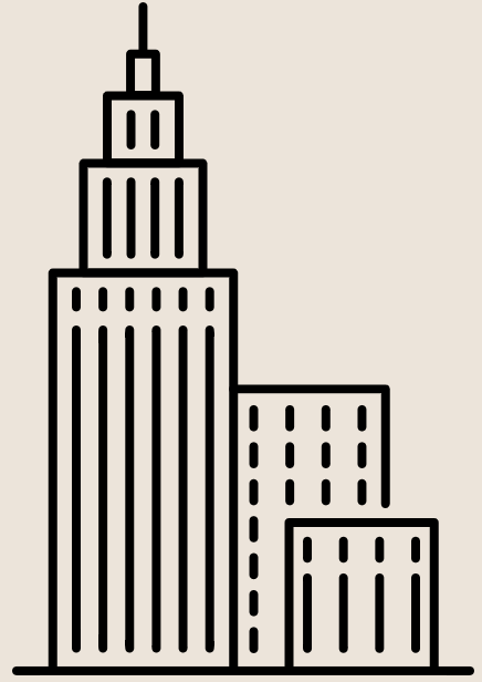 Line drawing of three skyscrapers, with the tallest building in the center, and smaller buildings to the right.