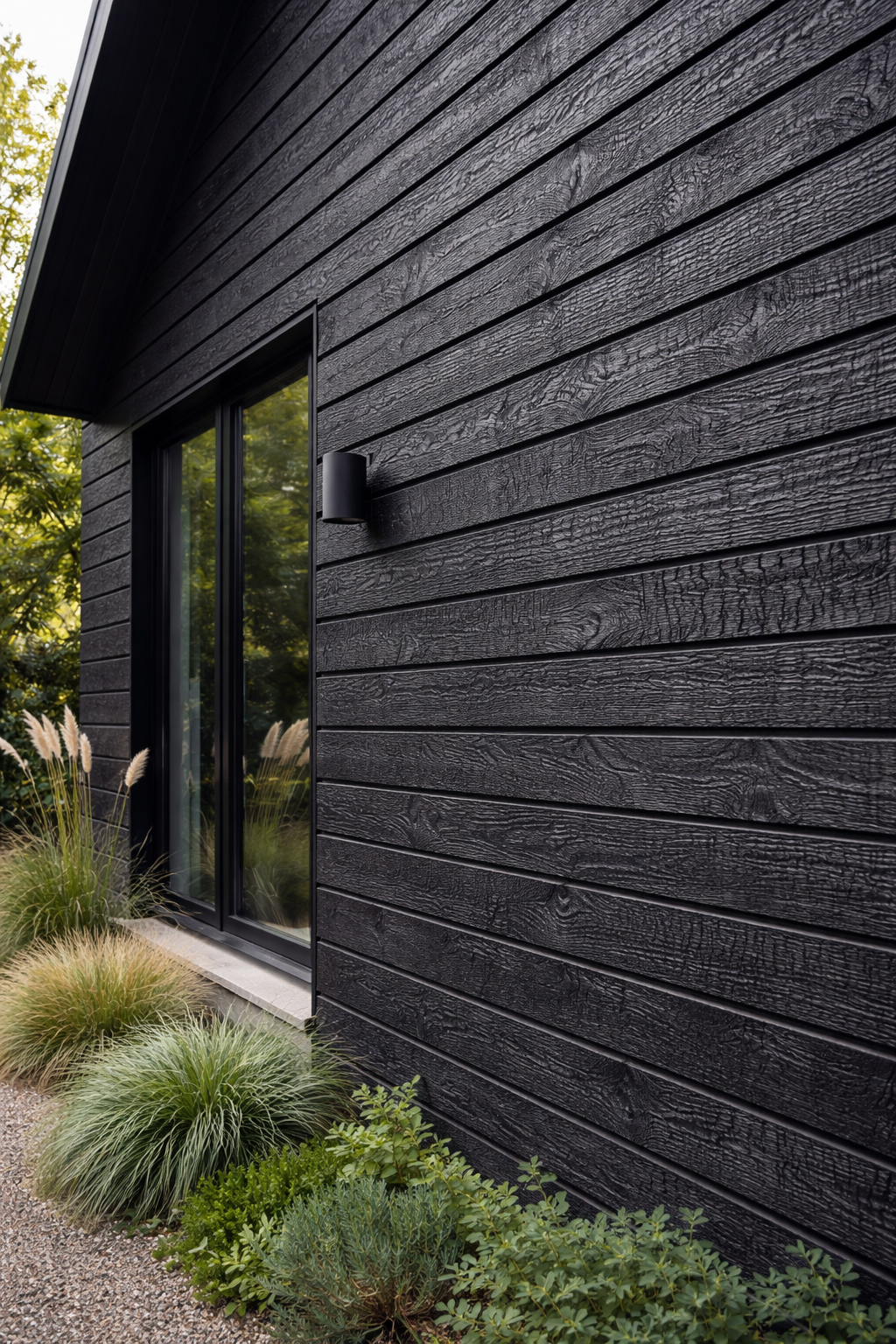 Close-up of a black wooden house exterior with a sliding glass door and outdoor wall-mounted light fixture, surrounded by ornamental grasses and green plants.
