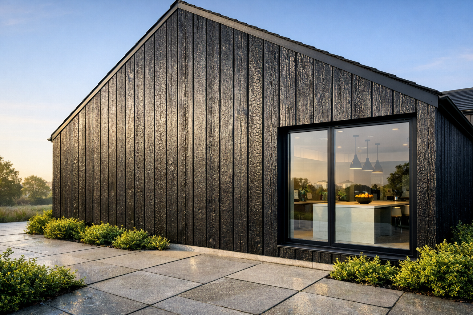 Modern house with a black wooden exterior, large glass window, and surrounding greenery, during sunset.