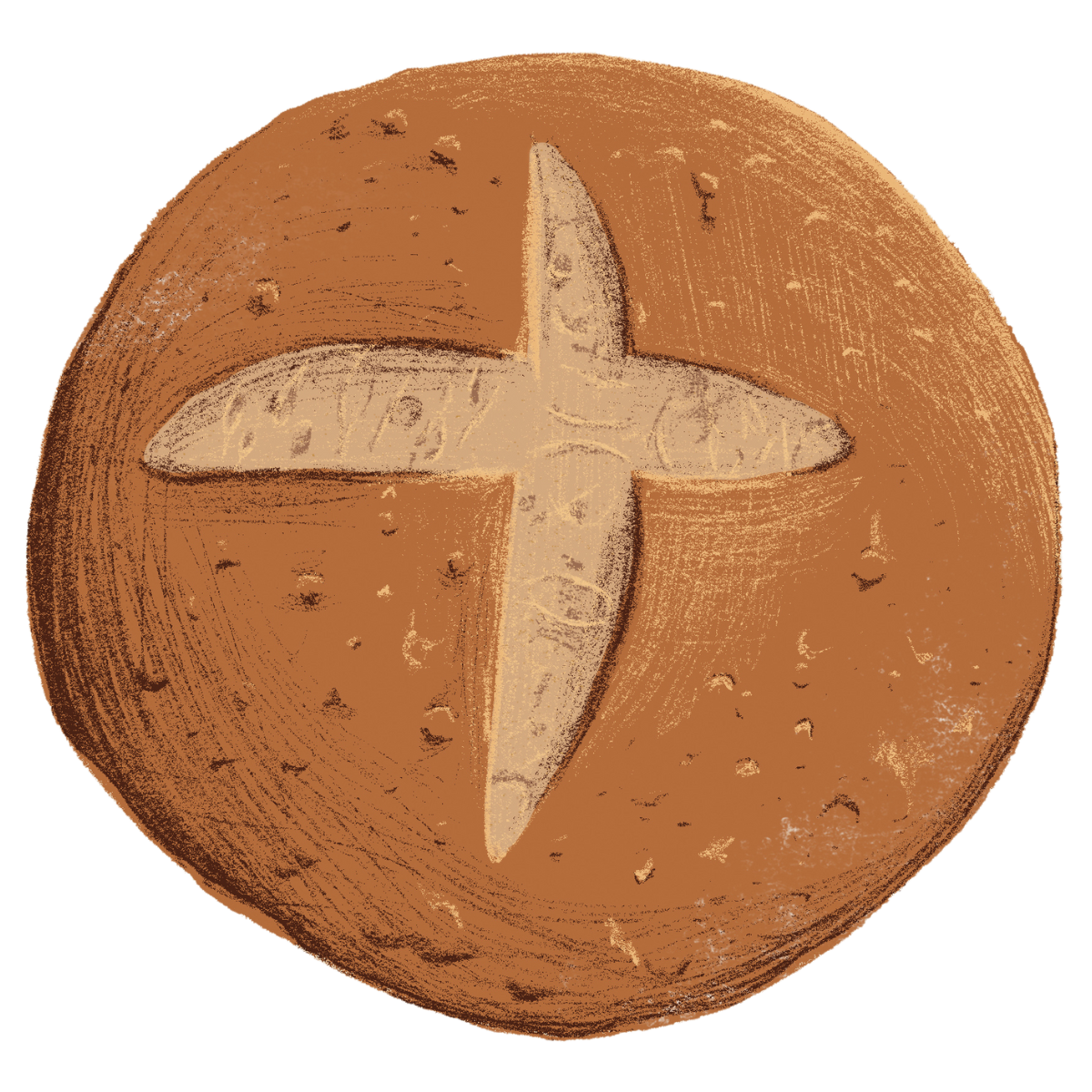 A round loaf of bread with a cross slash on the top, showing a softer interior.