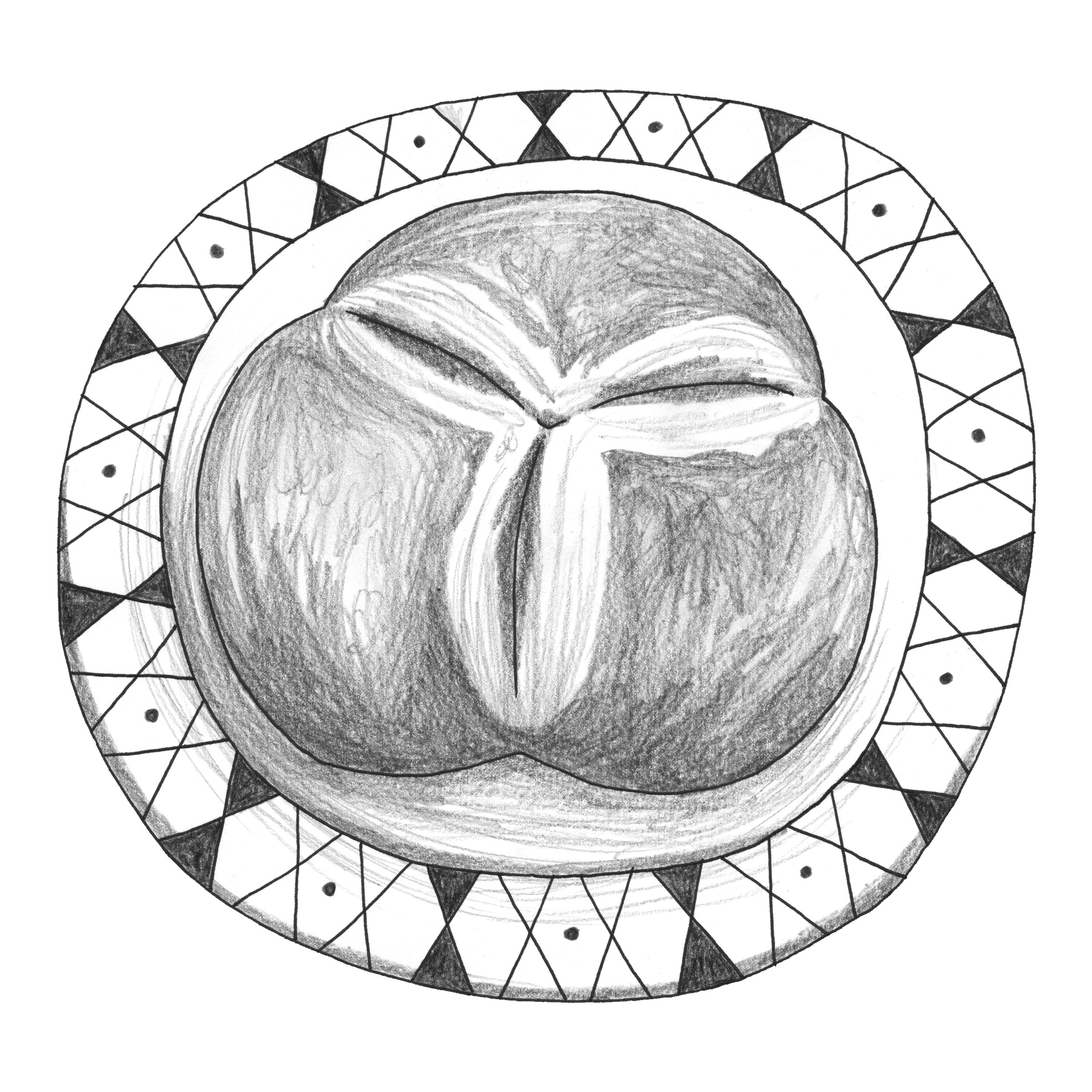 A pencil sketch of a loaf of bread on a decorative round background.