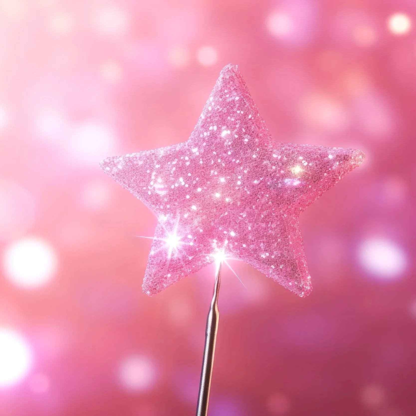 Pink glittery star on a stick with a blurred pink background.