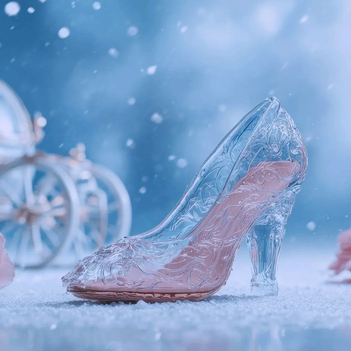 Close-up of a glass shoe with ice-like textures and pink accents, set on a snowy surface with a blurred vintage bicycle in the background.