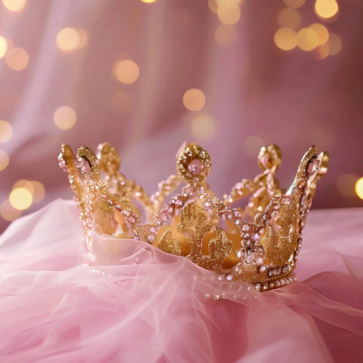 A golden tiara decorated with pink gemstones and small pearls, resting on pink fabric with a soft bokeh background of lights.