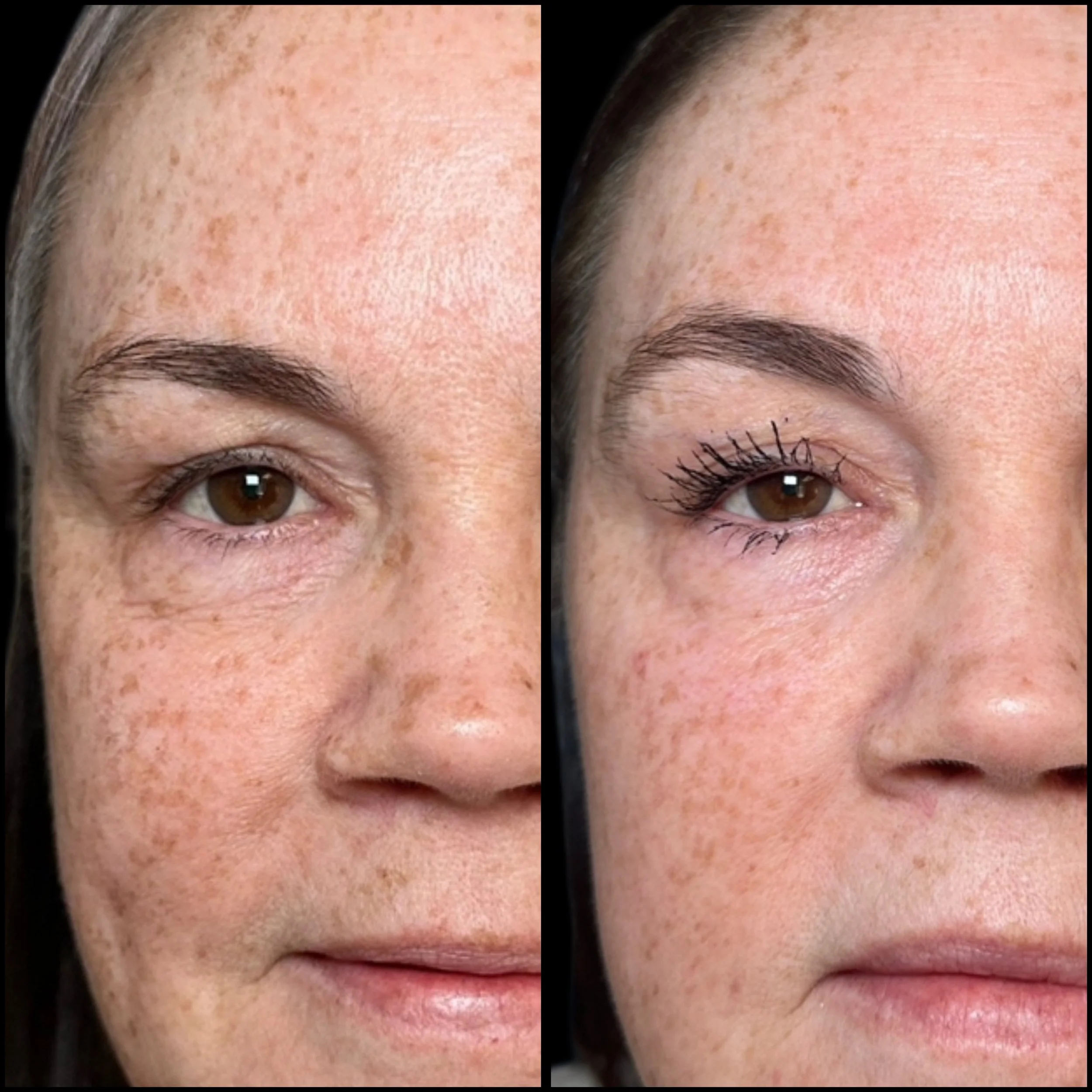 Close-up of a woman's face before and after applying makeup, with the right side showing mascara and eye makeup.
