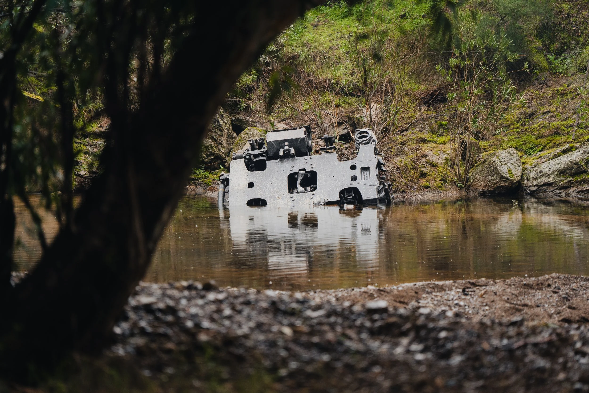 Another view of the derailed bogie from the Iryo train, located in a small stream beneath the tracks near Adamuz, on January 21, 2026.