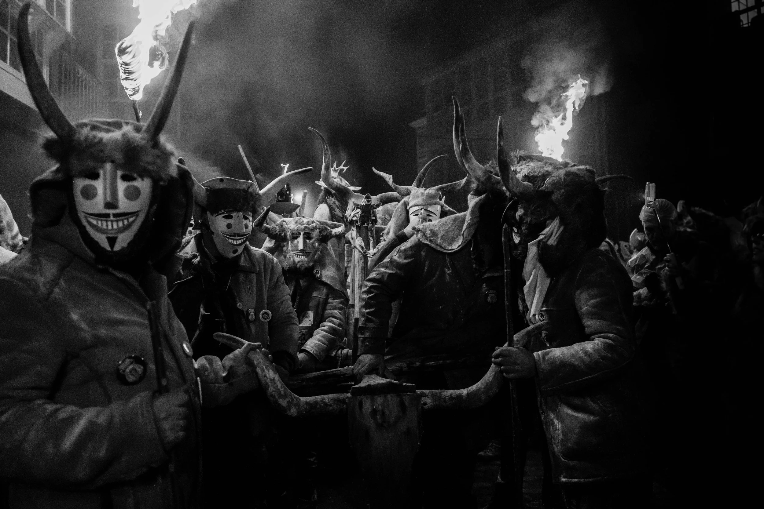 Participants descend through the streets during the Baixada da Marela festival in Maceda, northwestern Spain, on February 10, 2024. The event forms part of the region’s winter carnival traditions.