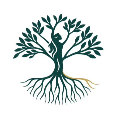 A stylized tree with a person as the trunk, with arms raised and surrounded by leaves, roots extending below, and a yellow pathway on the right side of the roots.