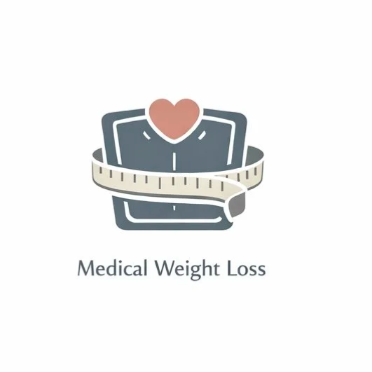 Scale, with a heart and a measuring band around it,  showing we care about your weight loss at new beginnings health center