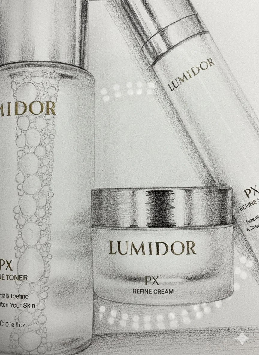 Lumidor drawing of PX refine cream, PX refine serum, and PX refine toner. We sell them at NBHC