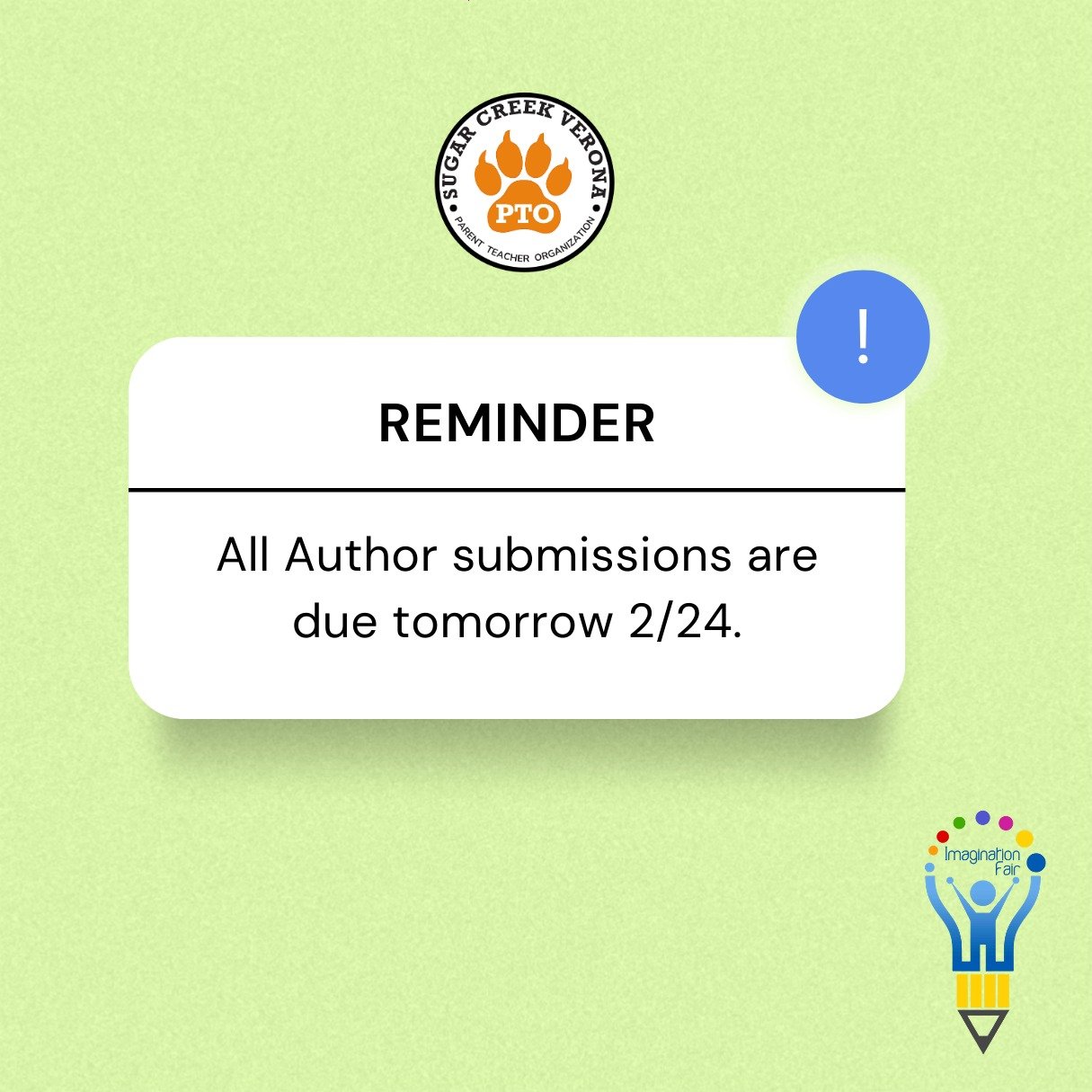 ⏰ Don&rsquo;t Miss the Deadline! ⏰
All Author submissions are due tomorrow 2/24.

👉 Turn in your Author Project by February 24 so it can be included in the showcase!
-----

⏰ &iexcl;No te pierdas la fecha l&iacute;mite!⏰
Todos los env&iacute;os de l