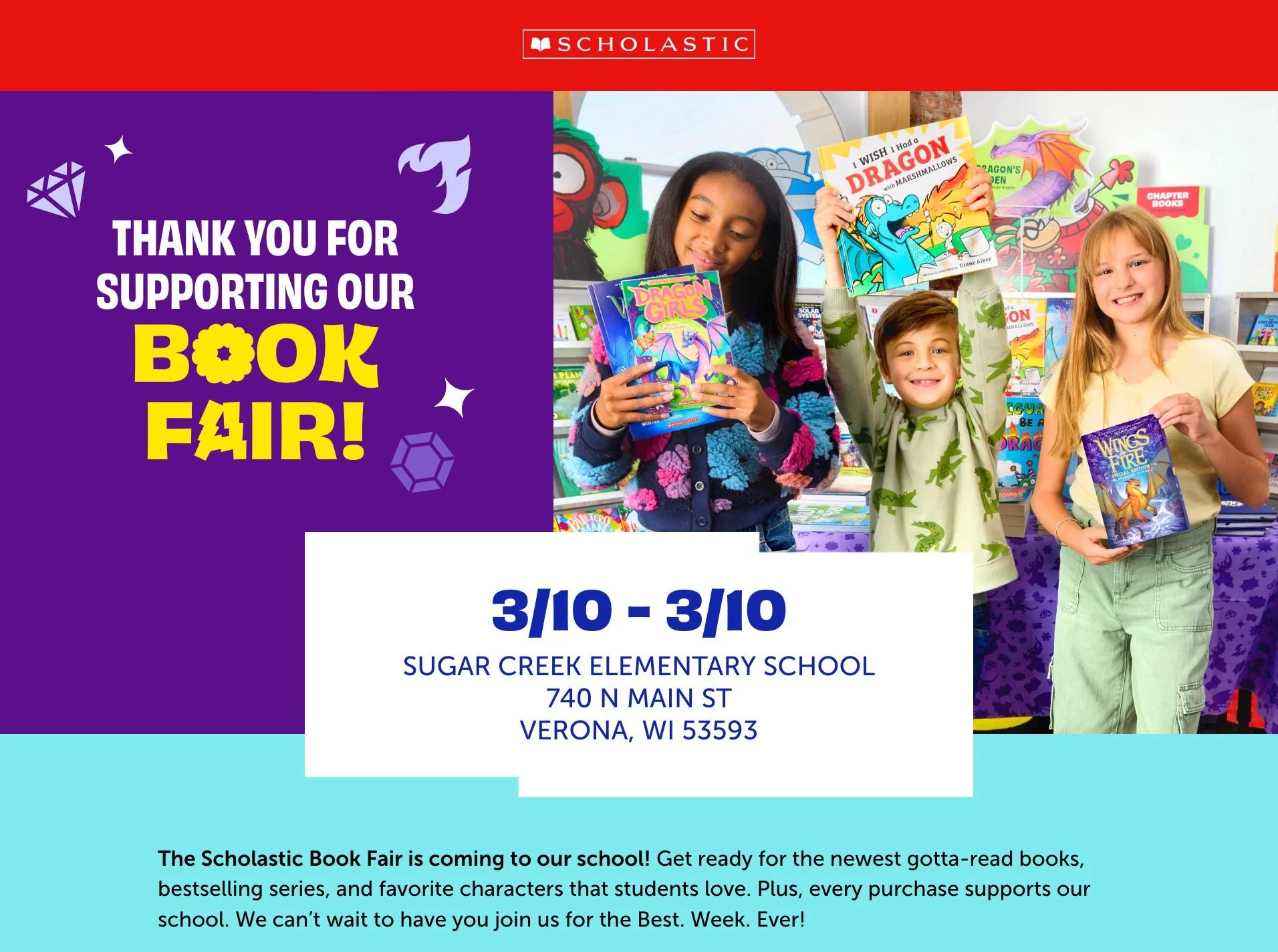 Don't forget you can still buy books to help support the school. The book fair site is open 3/10-3/23.

Visit the link below to shop now!

https://bookfairs.scholastic.com/bf/sugarcreekelementaryschool