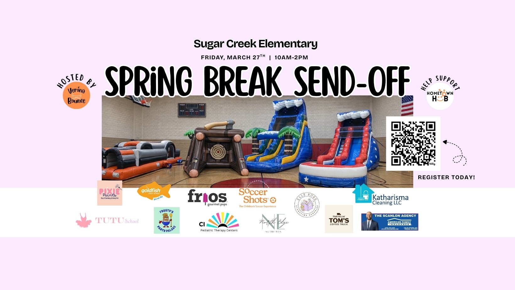 Looking for something fun to take your kiddos to this upcoming Spring Break?

Join us for an action-packed Spring Break Send-Off with @veronabounce on Friday, March 27th from 10:00am&ndash;2:00pm at Sugar Creek Elementary
📍 740 N Main St, Verona, WI