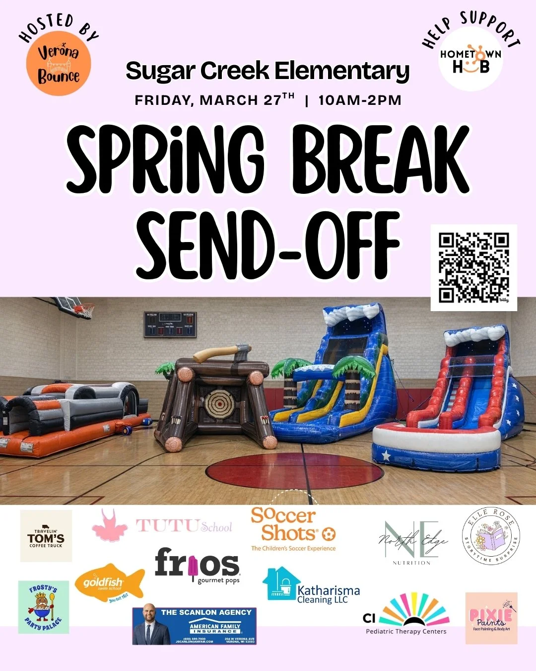 Looking for something fun to take your kiddos to this upcoming Spring Break?

Join us for an action-packed Spring Break Send-Off with @veronabounce on Friday, March 27th from 10:00am&ndash;2:00pm at Sugar Creek Elementary
📍 740 N Main St, Verona, WI