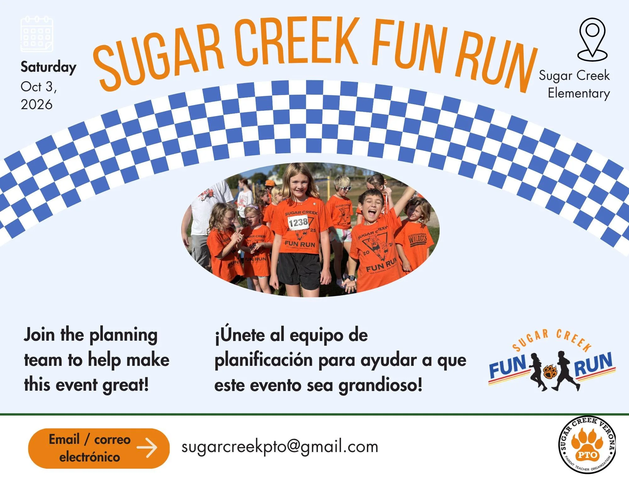 Fun Run 2026 Planning Committe Forming!	

We're kicking off planning for this fall's 2026 Sugar Creek Fun Run! Reach out to the Sugar Creek PTO email address if you're interested in helping plan this great event that funds most of our PTO activities 