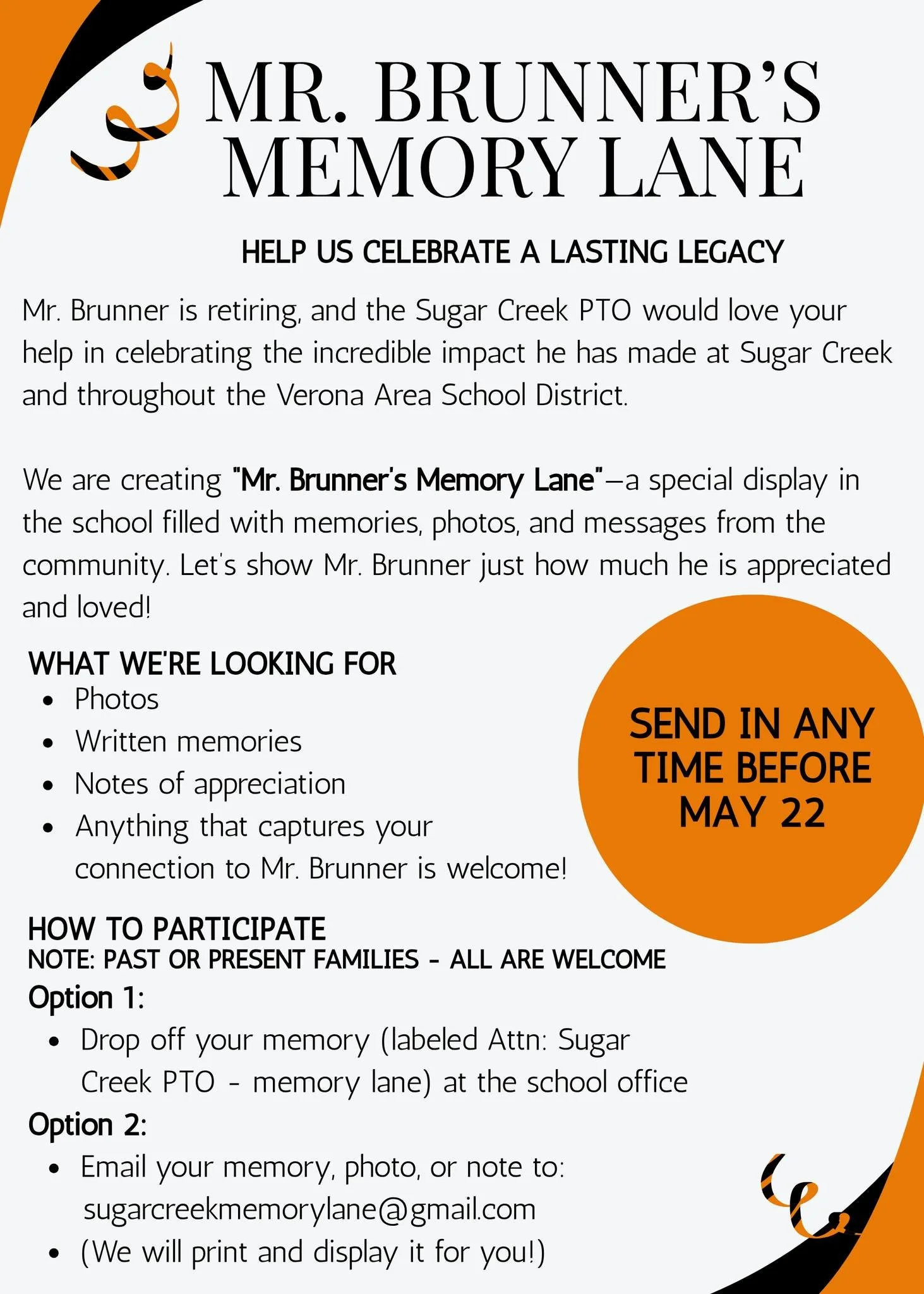 Do you have any photos or special memories of Mr Brunner?  If so, we would love to add them to "Mr Brunner's Memory Wall' to honor and celebrate Mr. Brunner on his retirement!  Check out the flyer for details! 
----
&iquest;Tienes fotos o recuer